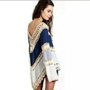 Crochet trim colorblock cover up top blue one size